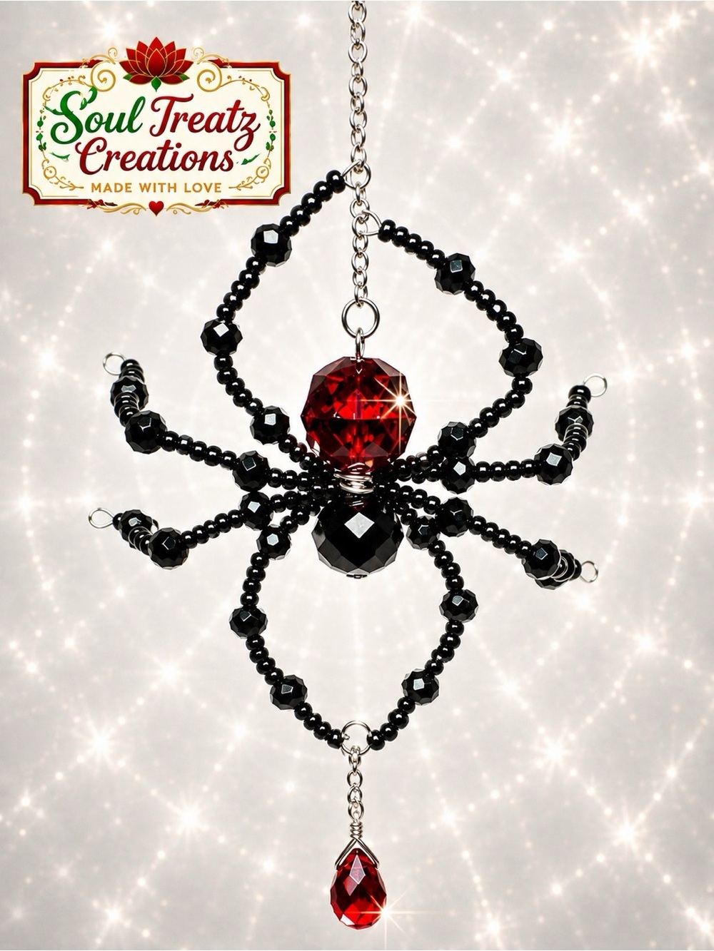 Red & Black Black Widow Crystal Beaded Spider Sun Catcher